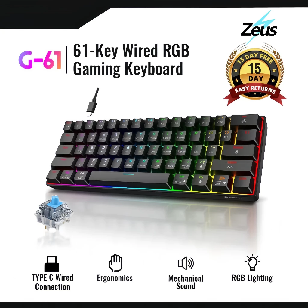 ZEUS Portable 60 Percent Mini Gaming Keyboard