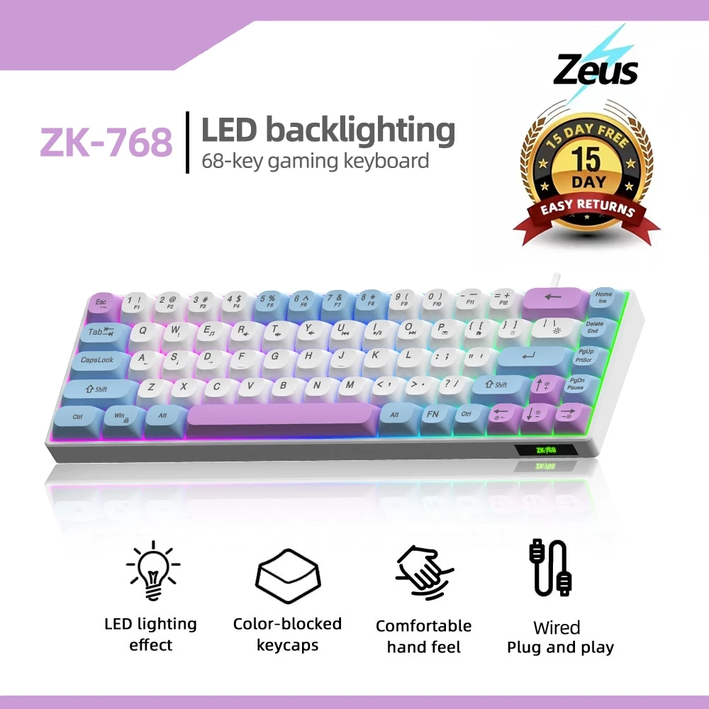 Zeus ZK-768 68-Key RGB Gaming Keyboard Wired USB Compact Mechanical Feel Keyboard for PC Laptop