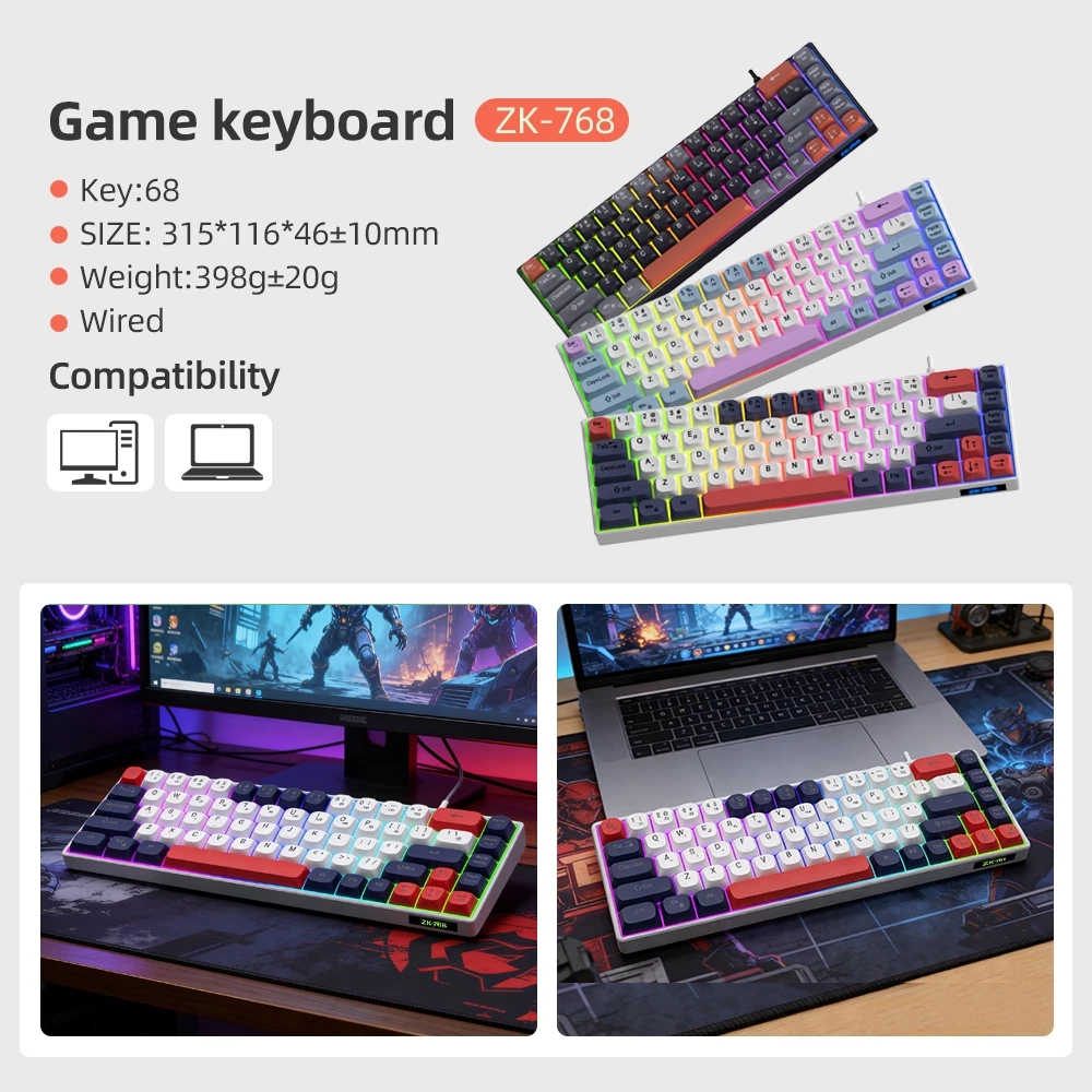 Zeus ZK-768 68-Key RGB Gaming Keyboard Wired USB Compact Mechanical Feel Keyboard for PC Laptop 2